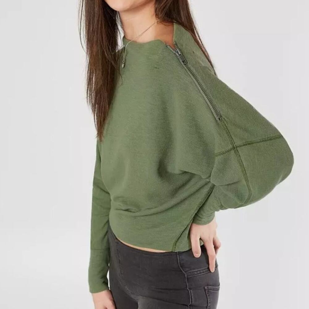 Free People Olive Green Textured Zip-Shoulder Pullover Top